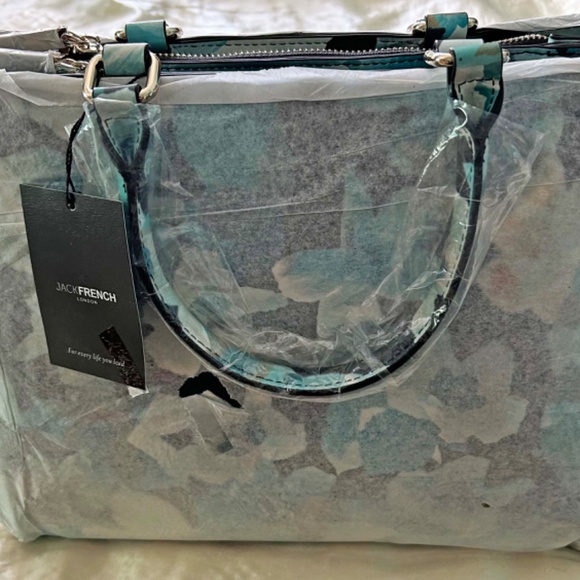 SATCHEL/SHOULDER BAG, JACK FRENCH LONDON PARK LEATHER, BLUE FLORAL, TOP ZIPPERS, - Picture 4 of 16
